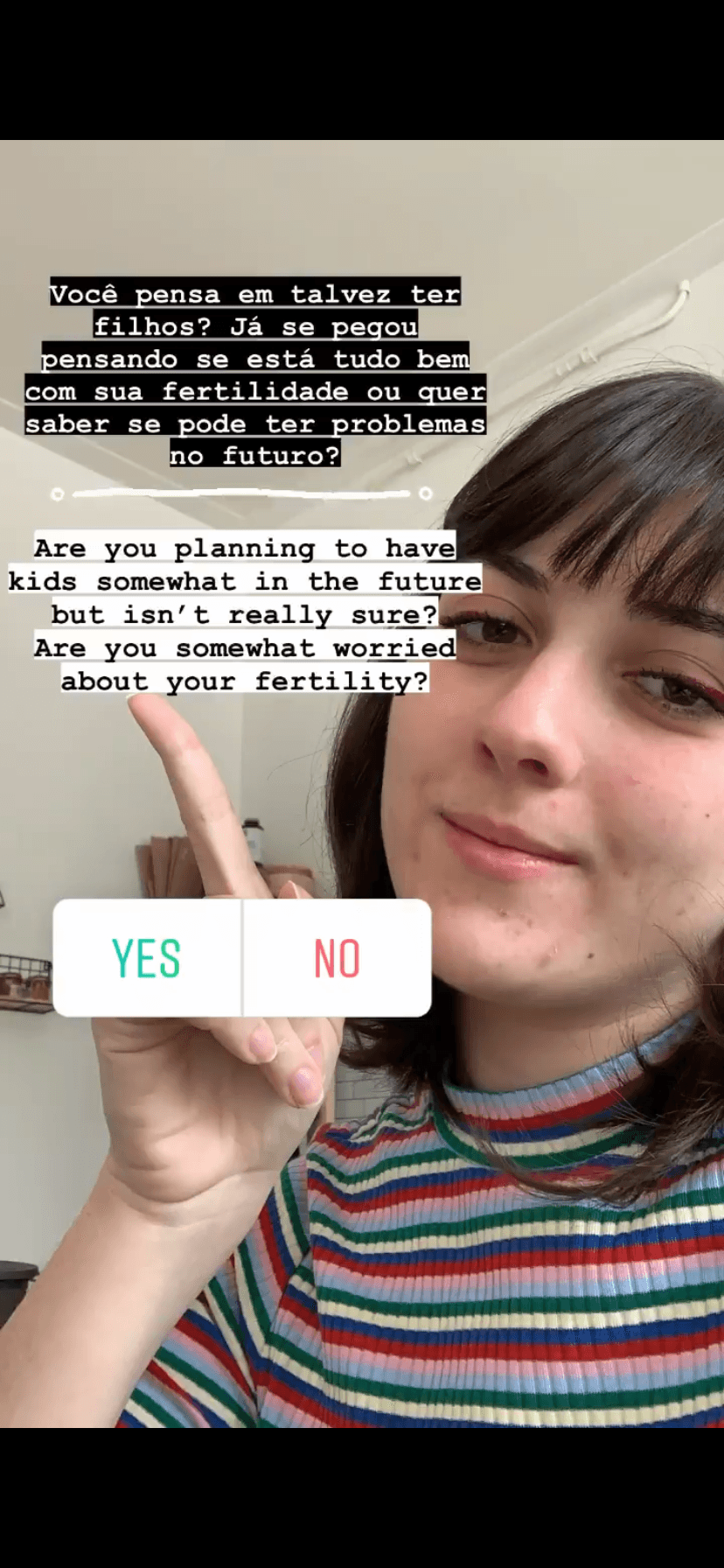 A poll on instagram asking "Are you planning to have kids somewhat in the future but is not really sure? Are you somewhat worried about your fertility?", and yes or no buttons.